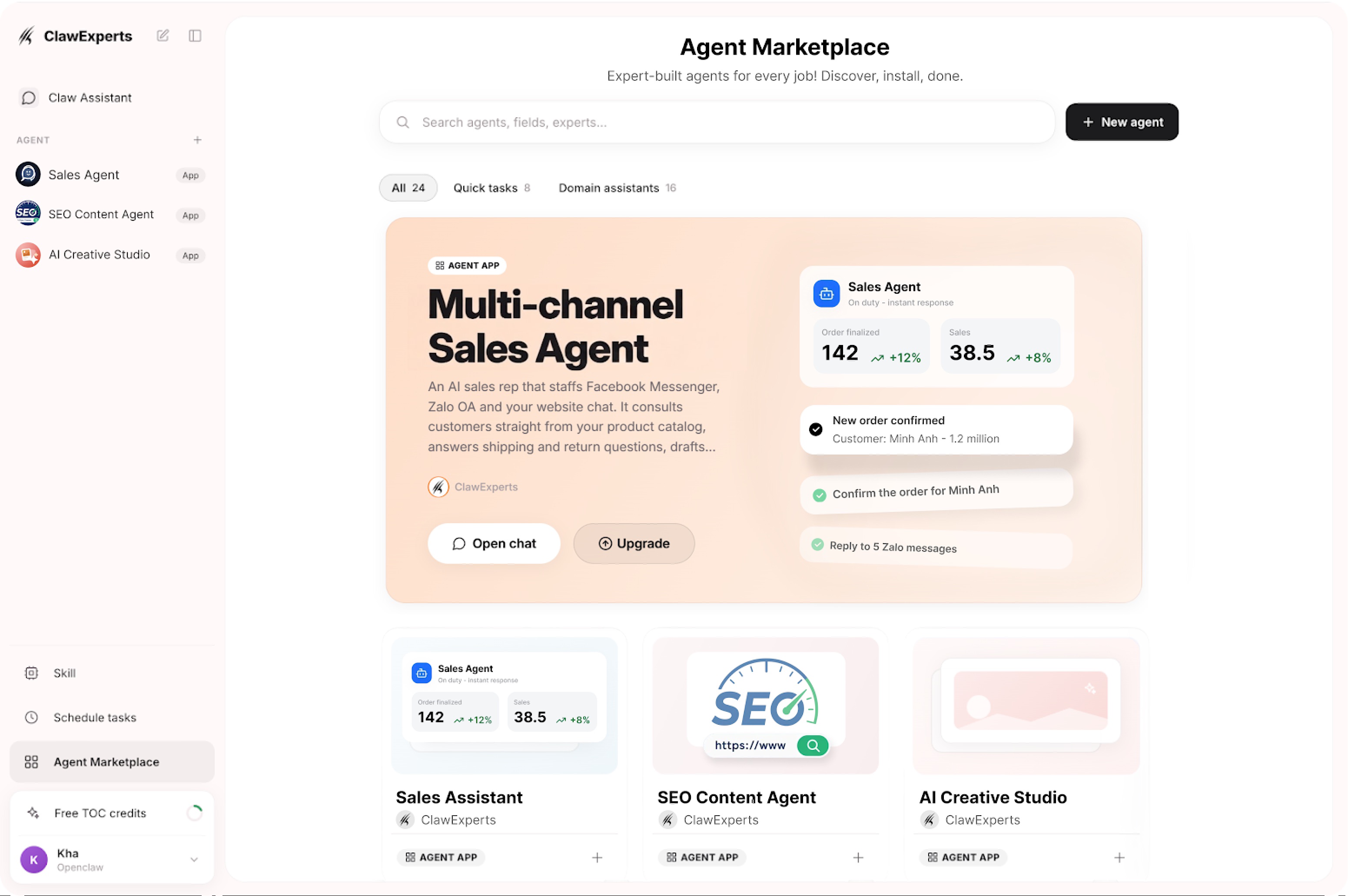 ClawExperts Agent Marketplace dashboard