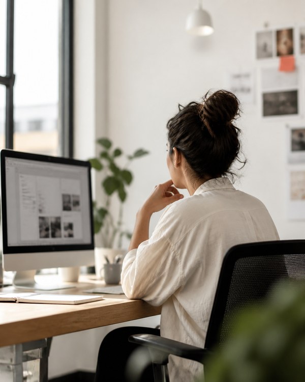 Business operator reviewing work in a bright studio