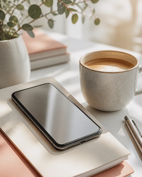 A quiet desk with a phone and coffee after the work is finished